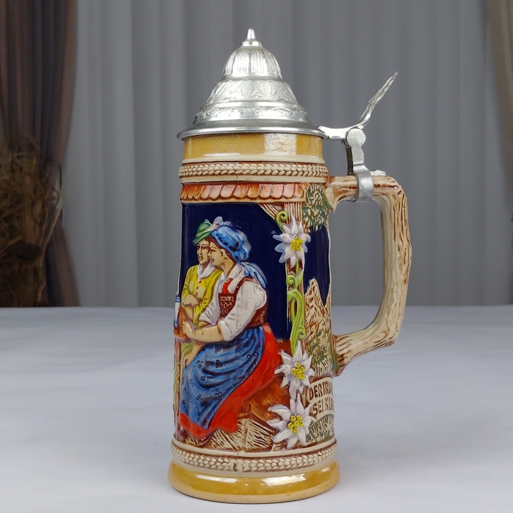 Gerz Of Germany Hand painted Ceramic Beer Stein With Pewter Top.
